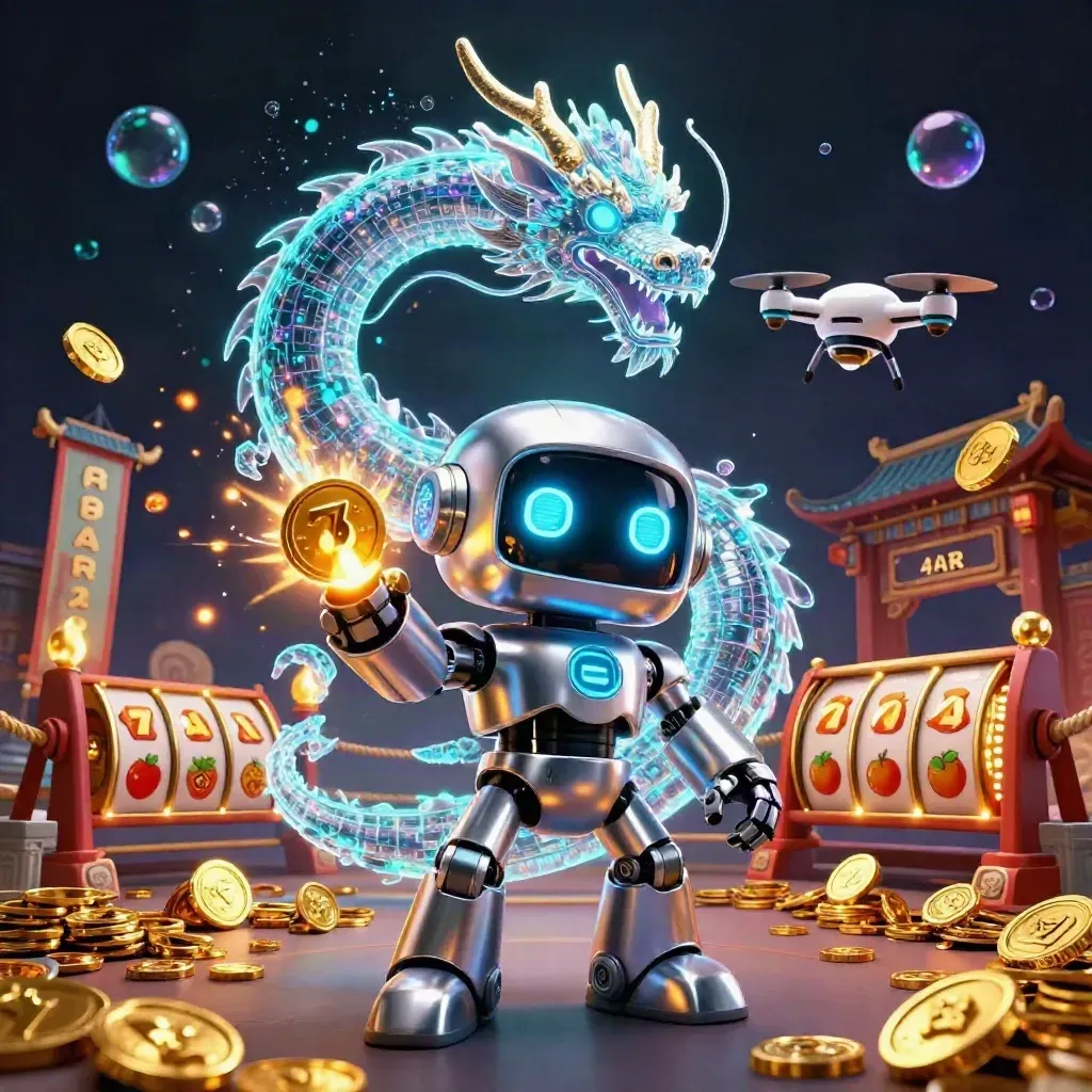 Robot cyberpunk, naga hologram, dan drone di kuil Asia dengan emas, permata, dan cahaya neon.