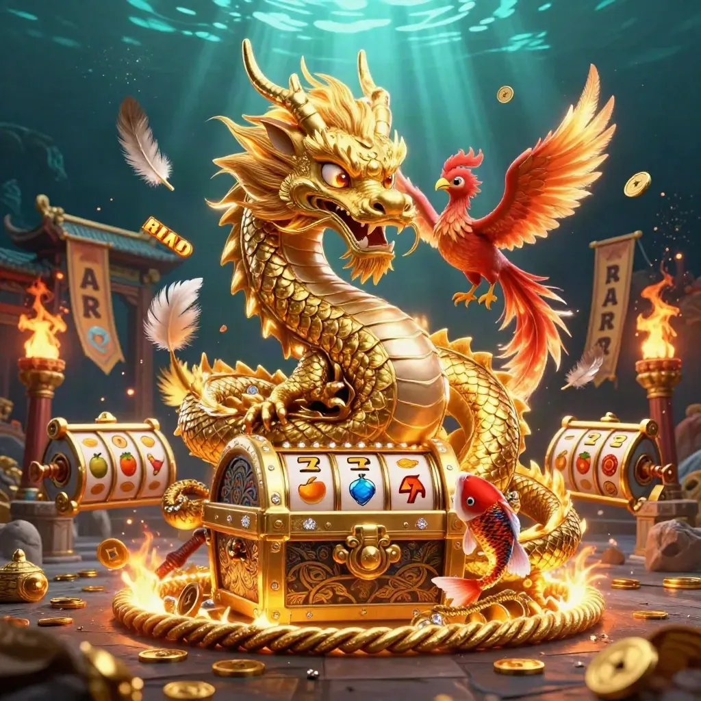 Naga emas, phoenix merah, dan koi di peti harta, nuansa kasino mewah.