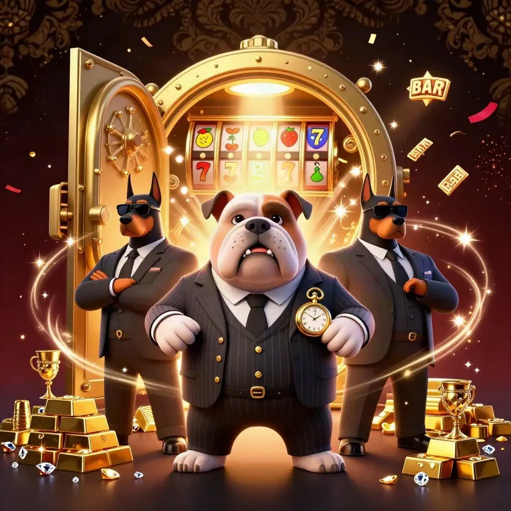 Bulldog bos mafia dan dua doberman, peti emas terbuka, berlian, efek kasino mewah.