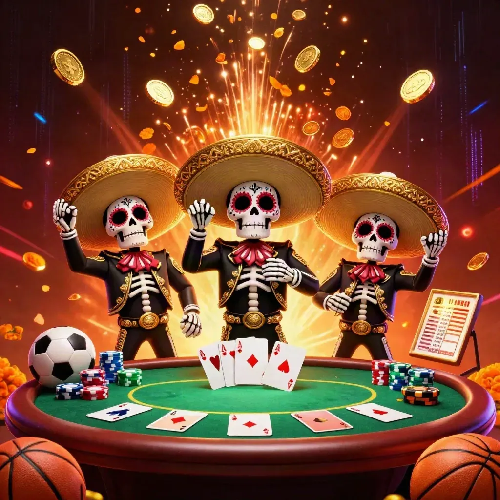 Tiga skeleton mariachi di kasino, koin emas, meja poker, efek meledak meriah.