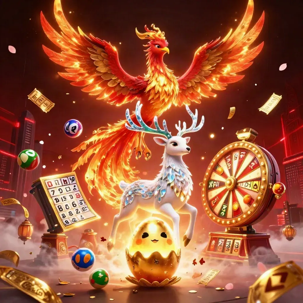 Phoenix, bayi phoenix, dan rusa kristal di tengah ledakan bola lotre dan roda jackpot.