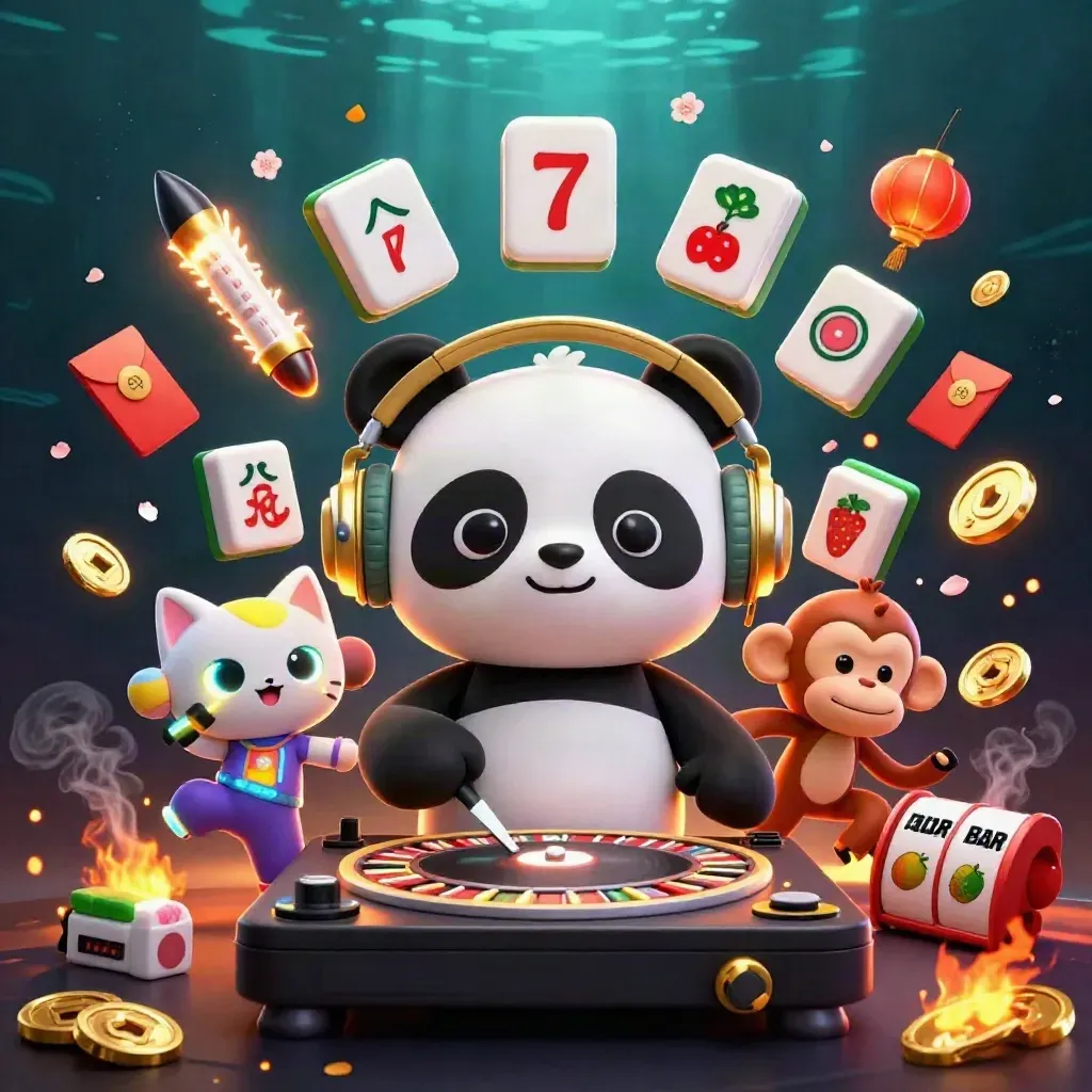 Tiga karakter kartun pesta kasino, dikelilingi koin giok, lampion, dan efek jackpot
