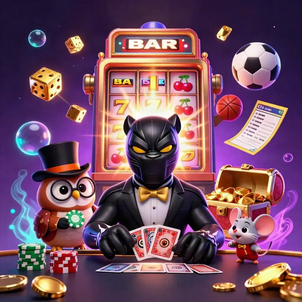 Panther, burung hantu, dan tikus kasino dikelilingi simbol slot emas dan cahaya neon.