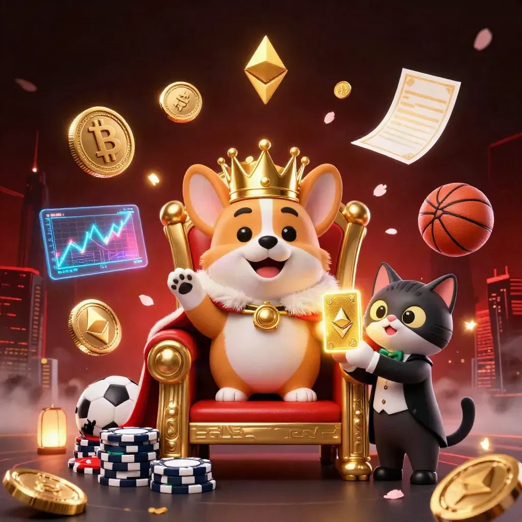 Korgi mahkota di singgasana chip, pelayan kucing, koin kripto, bola sport, efek neon mewah