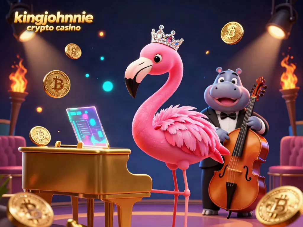Experience the vibrant atmosphere of kingjohnnie crypto casino with a flamingo pianist and hippo bassist surrounded by colorful elements.
