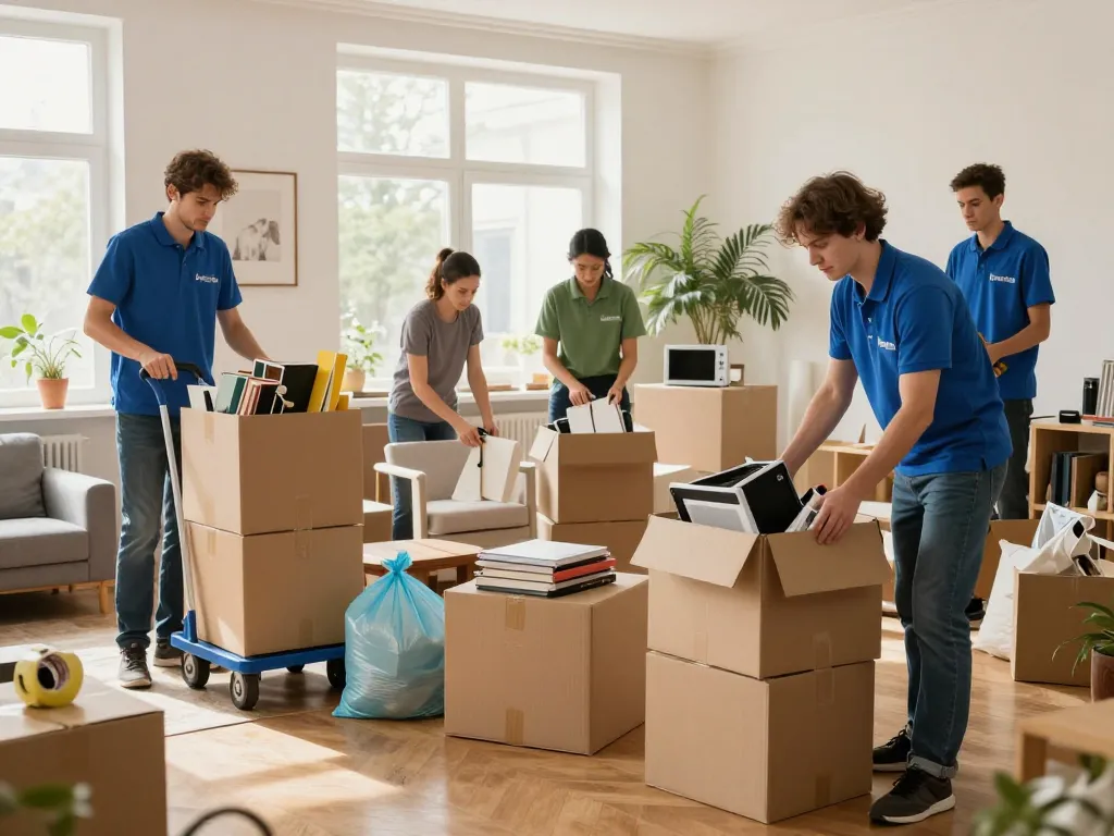 Professionelles Entrümpelungsteam organisiert ein Zuhause während eines Räumung Wien Services, umgeben von Möbeln und Kisten.