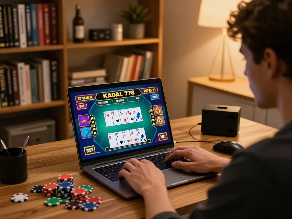 KADAL 778 online gaming session in cozy home office with vibrant graphics on laptop and strategic setup.