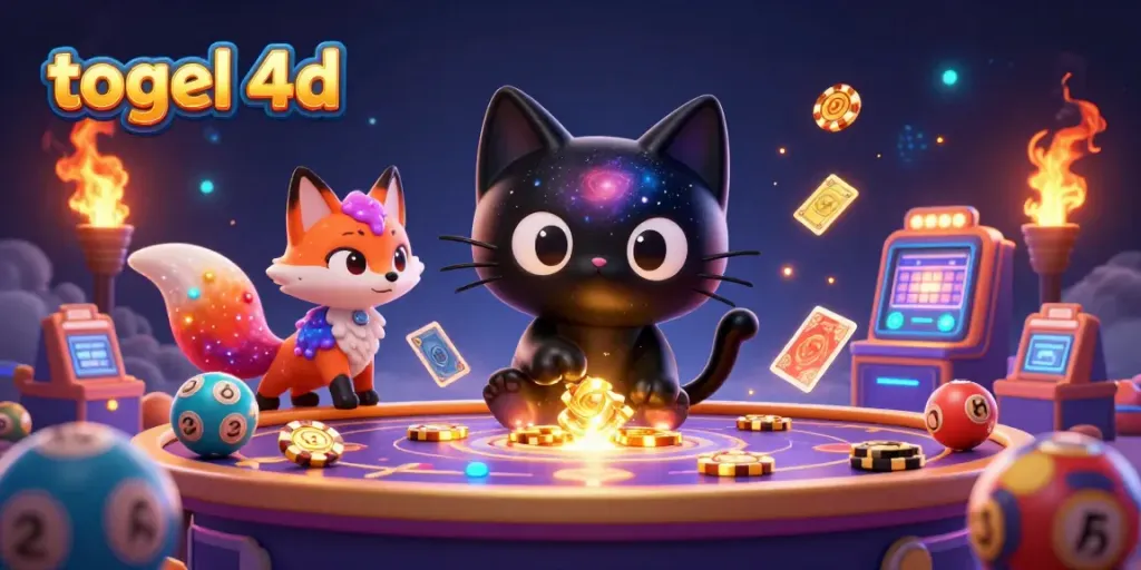 Engaging 3D illustration showcasing togel 4d elements with colorful lottery balls, captivating characters, and cosmic atmosphere.