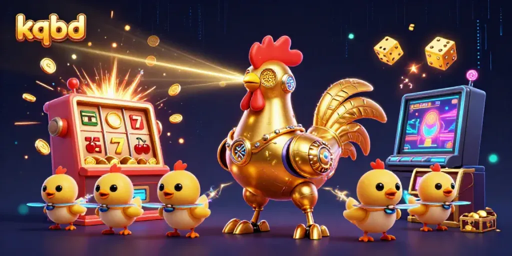 Interactive kqbd scene featuring a golden rooster robot and baby chick drones amidst a burst of casino elements.
