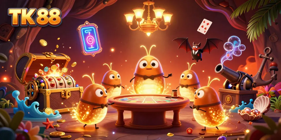 Engage with TK 88 at a vibrant cave casino, lit by glowworms and filled with exciting game elements.
