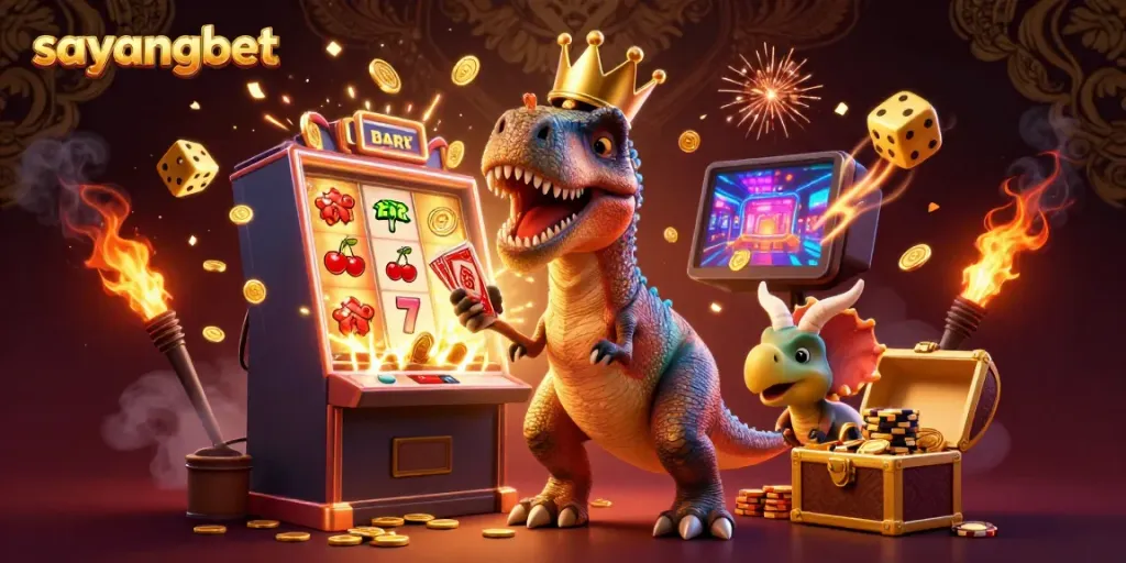 Experience thrilling action with sayangbet, where a charming T-Rex deals cards amid lavish casino symbols and golden treasures.