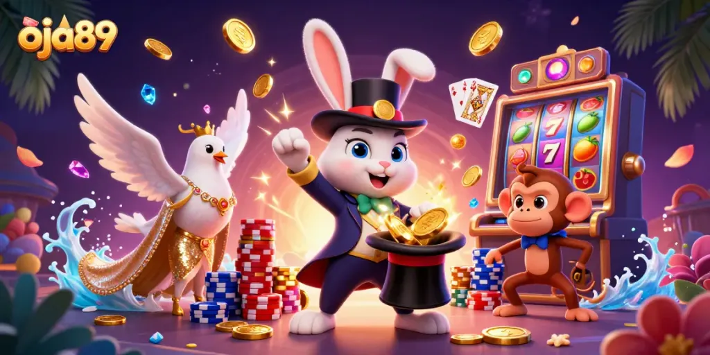 Oja89 menarik perhatian pemain dengan ilustrasi kasino penuh koin emas dan slot yang beruntung.
