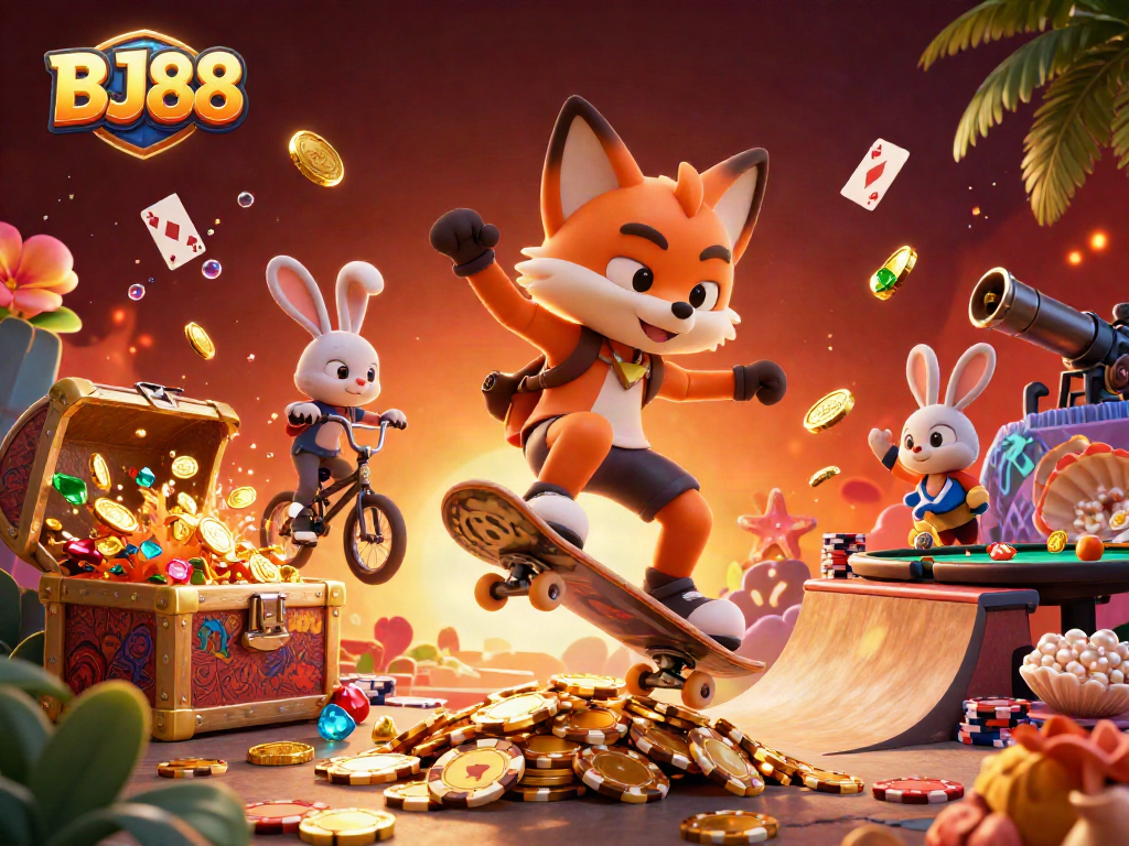 BJ88 showcases a vibrant 3D scene with a skateboarding fox and BMX rabbit amidst lively casino elements.