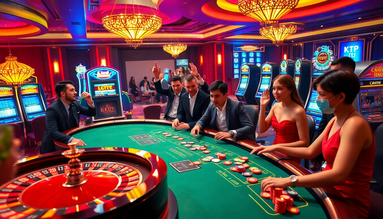 Ktp jitu casino scene featuring engaged players at a roulette table and poker game, showcasing luxury and excitement.