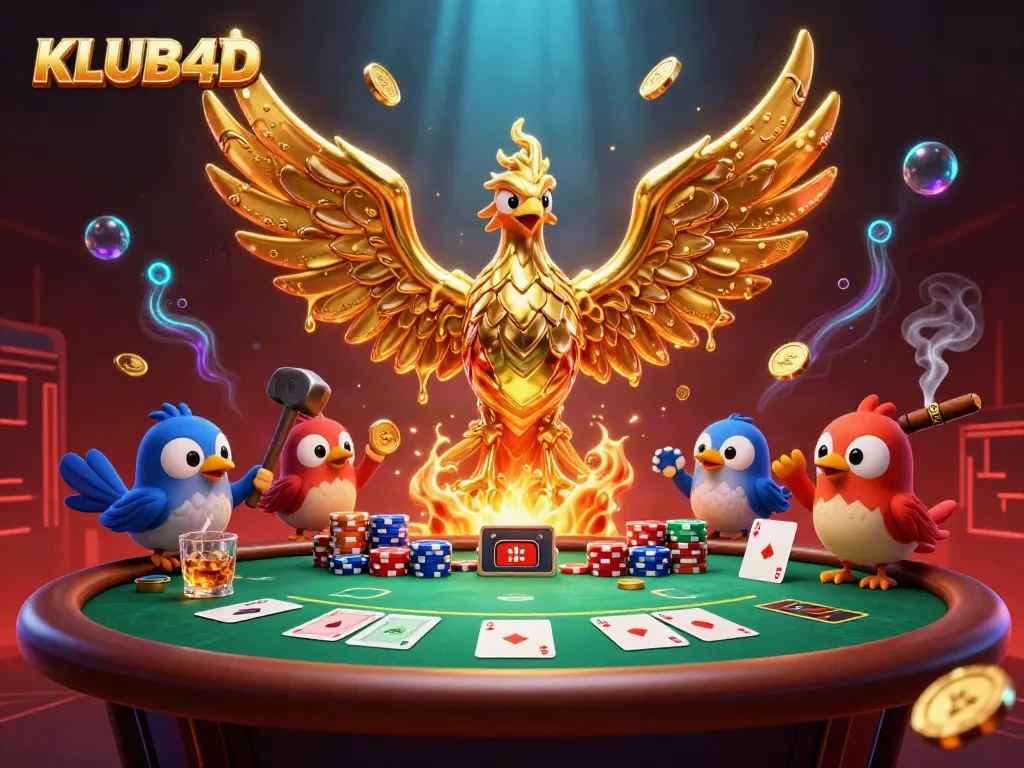 Menggandakan kemenangan di Klub4D dengan ilustrasi kasino 3D yang menarik, menampilkan phoenix emas dan poker.