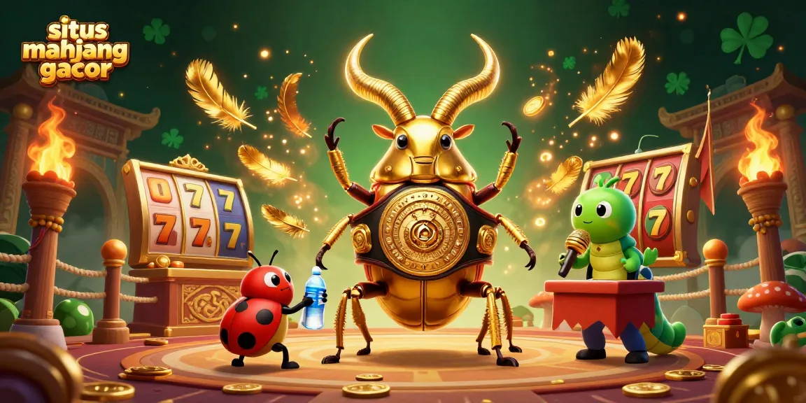 Engage with situs mahjong gacor in this vibrant illustration showcasing a golden stag beetle boxing champion amidst slot gaming elements.