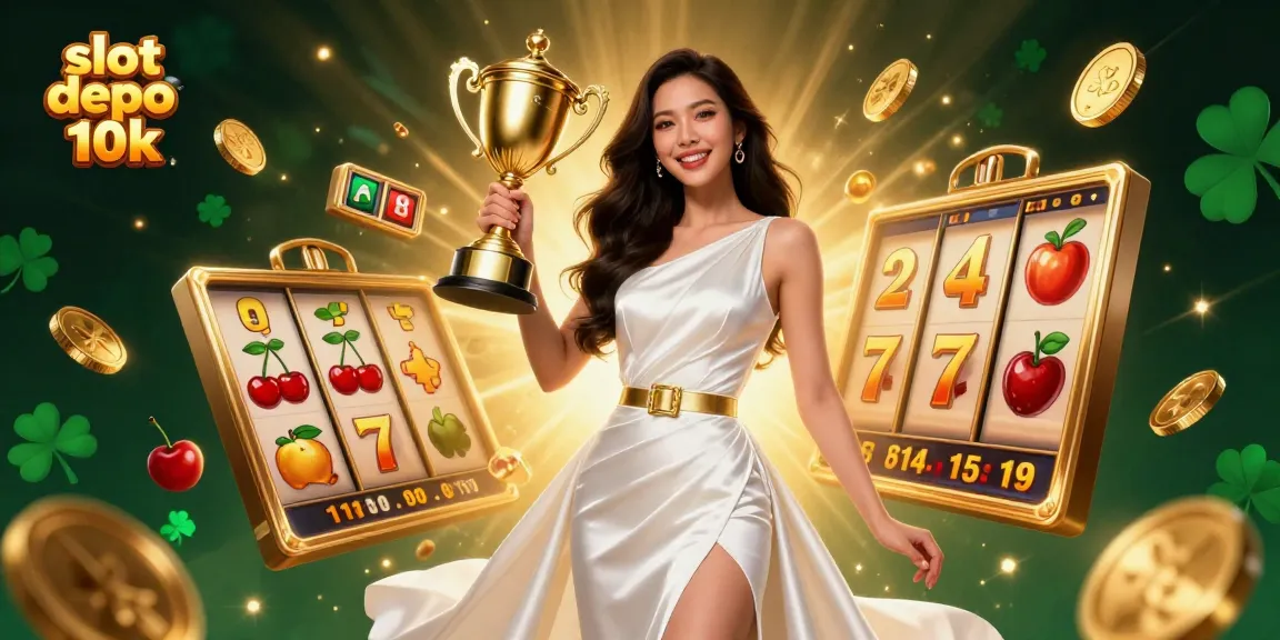 Engage with slot depo 10k featuring a victorious woman celebrating winnings alongside dynamic slot game elements.