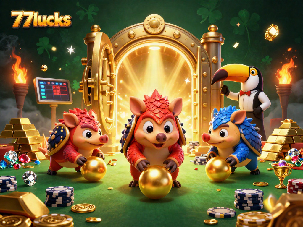 77lucks mengguncang kasino dengan dua pangolin rival melempar dadu emas dan tumpukan chip poker.
