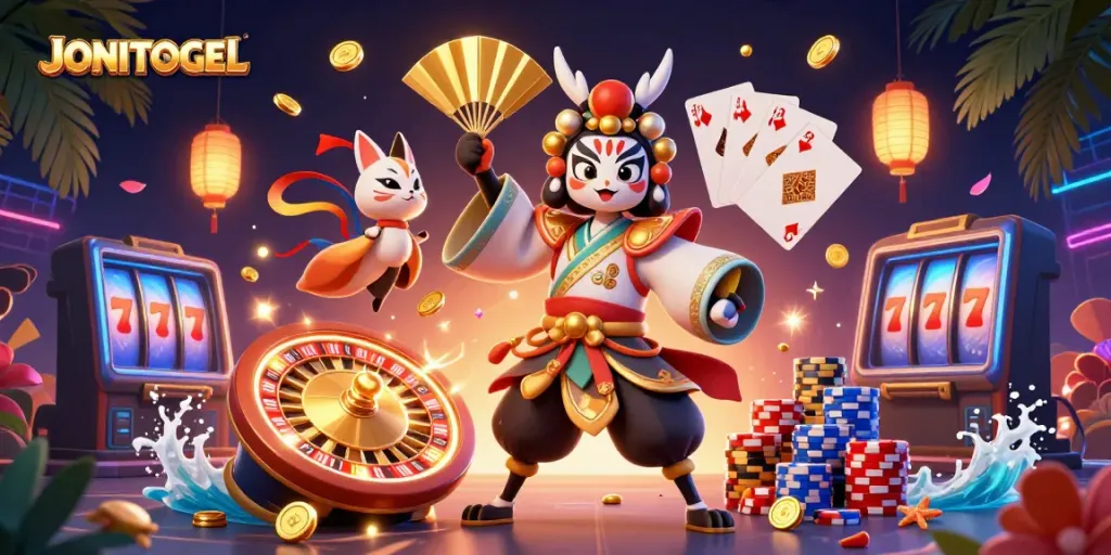 Experience the excitement of JONITOGEL with vibrant casino elements and characters capturing the thrill of the game.