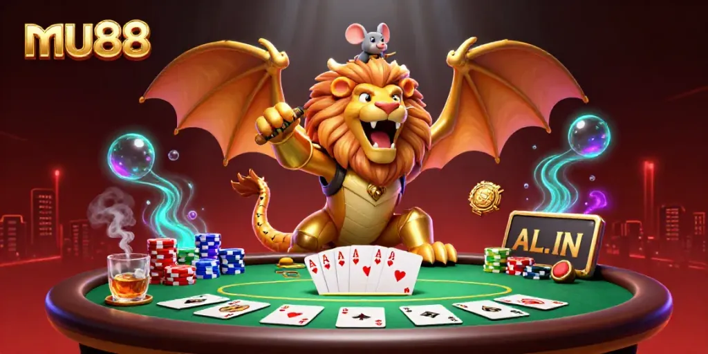 Experience exhilarating poker action with mu88 featuring a triumphant chimera and vibrant casino elements.