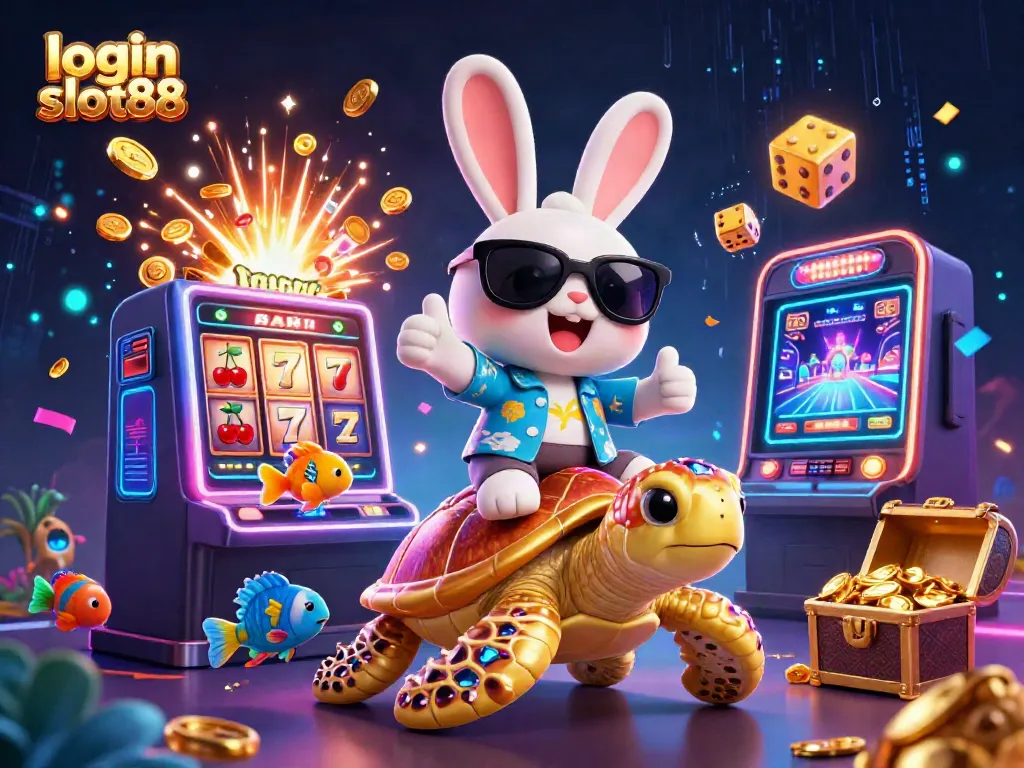 Catching the thrill by playing on login slot88 with a lucky rabbit and golden turtle in an engaging casino scene.