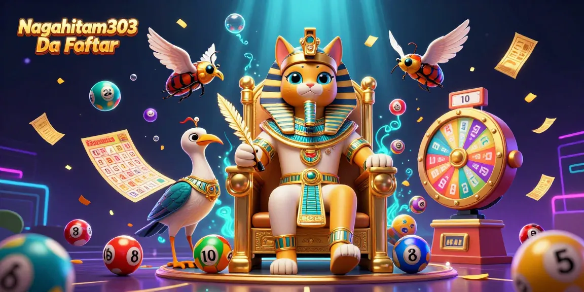 Nagahitam303 Daftar presents a dynamic scene with Egyptian characters and vibrant lottery elements for a thrilling gaming experience.
