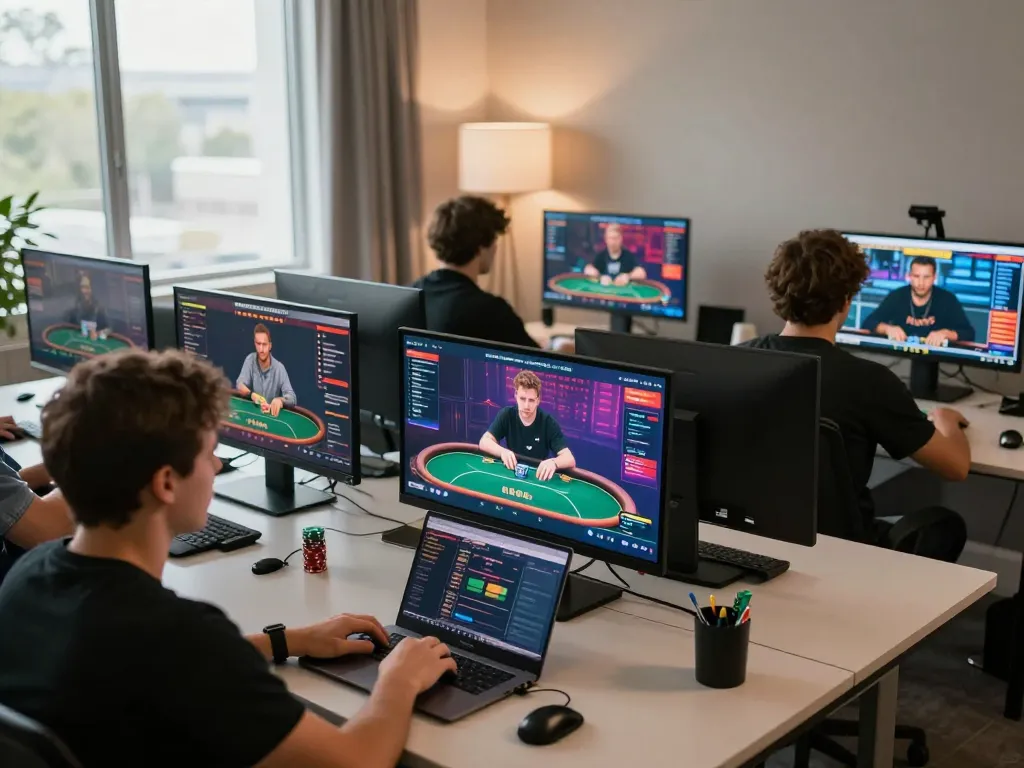 Players strategizing in an online poker tournament on IDC88 JOKER with vibrant virtual interface