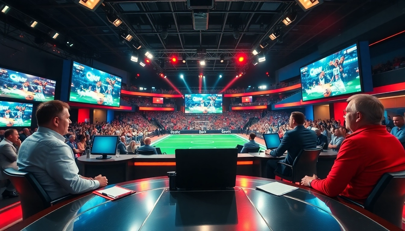 Dynamic scene of sports broadcasting showcasing hosts and live events, illustrating Sports Broadcasting.