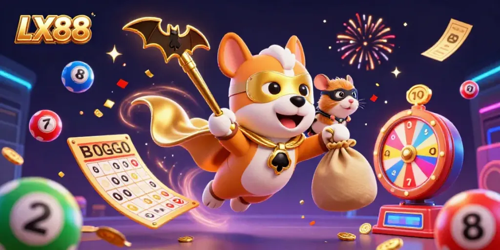 Experience excitement with LX88 as a superhero dog and hamster navigate a vibrant casino world filled with lottery elements and gold.