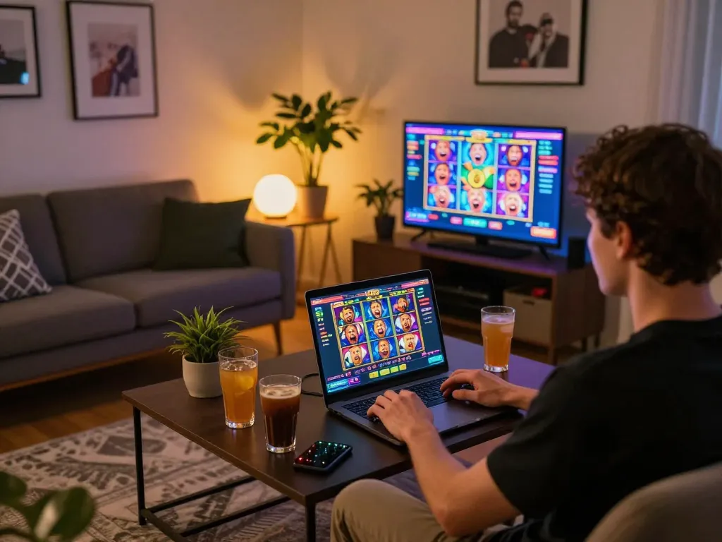 Engaged player enjoying LLWIN online casino slots at home, warm ambiance