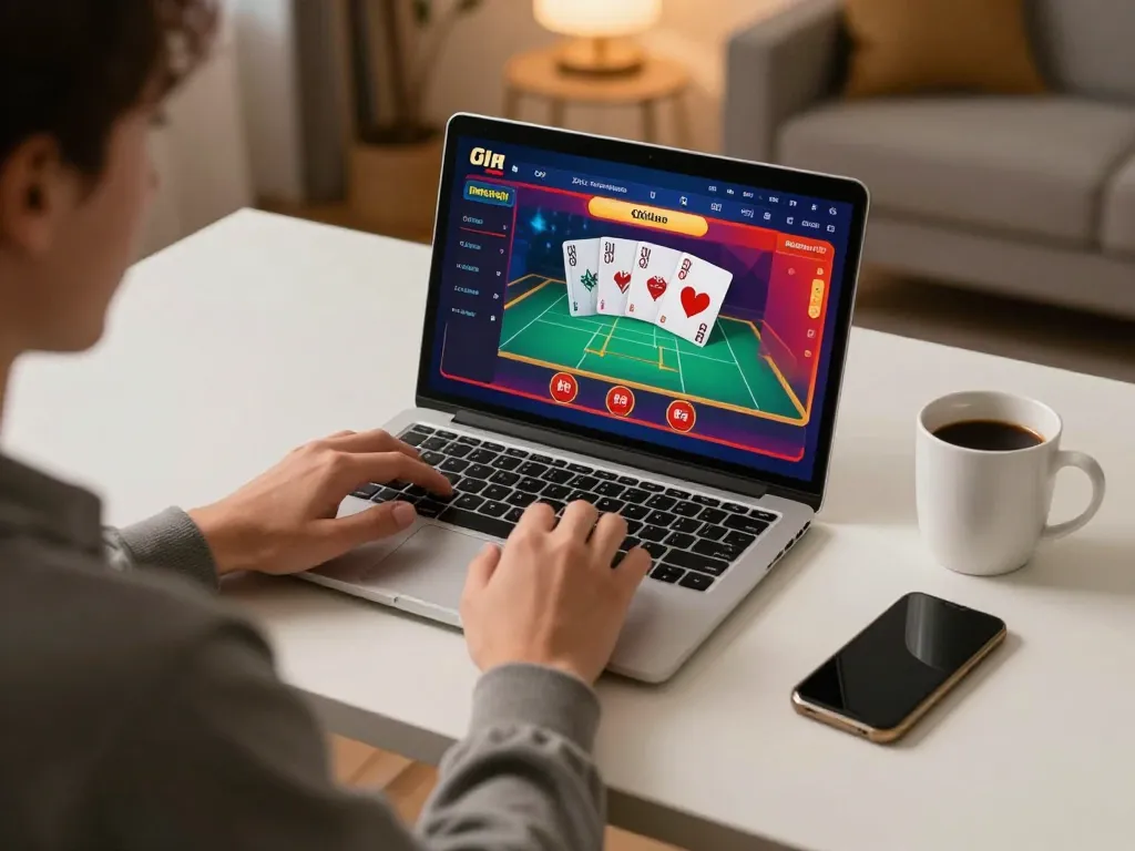 Player engages with the lc88 online casino interface, focusing on blackjack strategy in a cozy home setting.