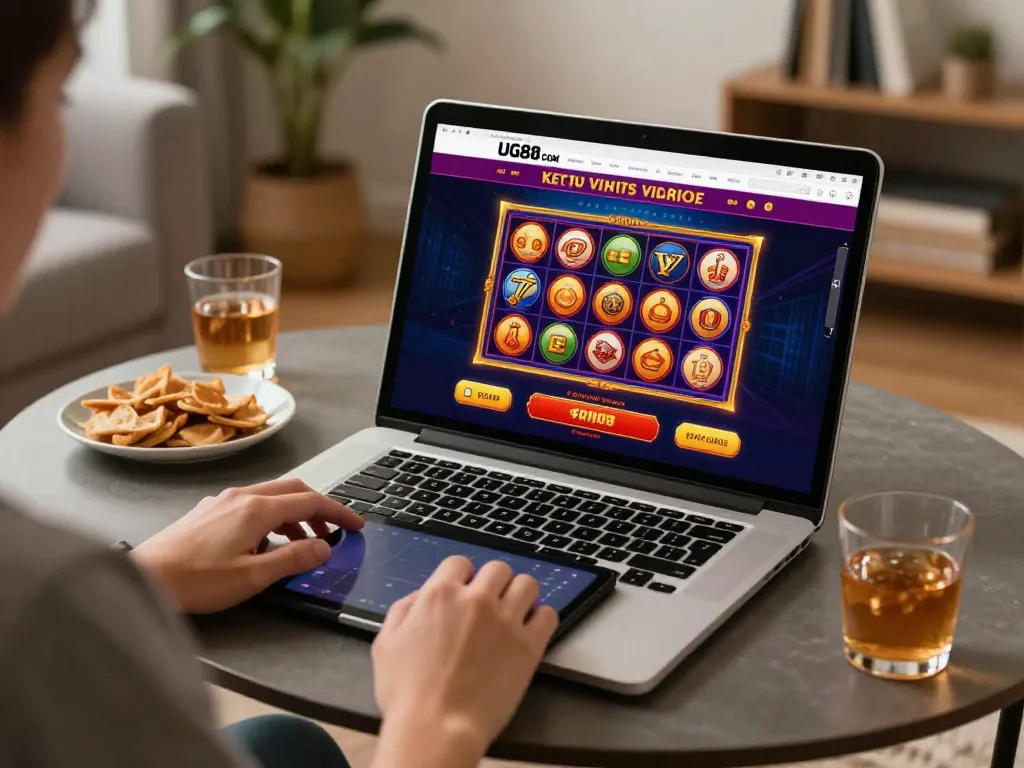 Experience exciting online gaming on UG88 COM, featuring popular slots and blackjack in a cozy home setup.