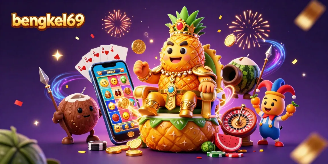 Bengkel69 showcases a vibrant casino scene with a golden pineapple king amidst confetti and slot games.