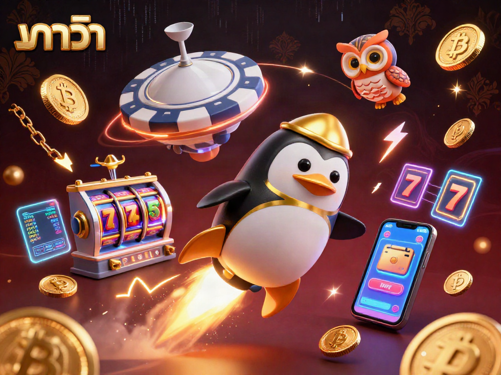 Experience บาคาร่า with a golden penguin blasting through space toward a poker chip casino.