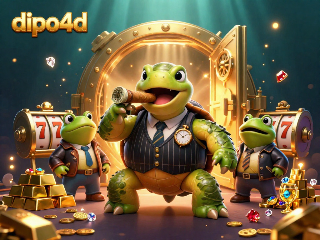 Experience the excitement of dipo4d with a cartoon turtle mobster amid riches and slot wheels in a vibrant casino.