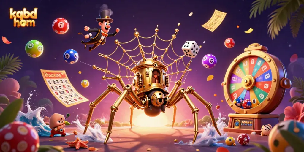 Engage with the kqbd hom scene featuring a golden spider and Victorian fly amidst dynamic lottery balls and prize elements.