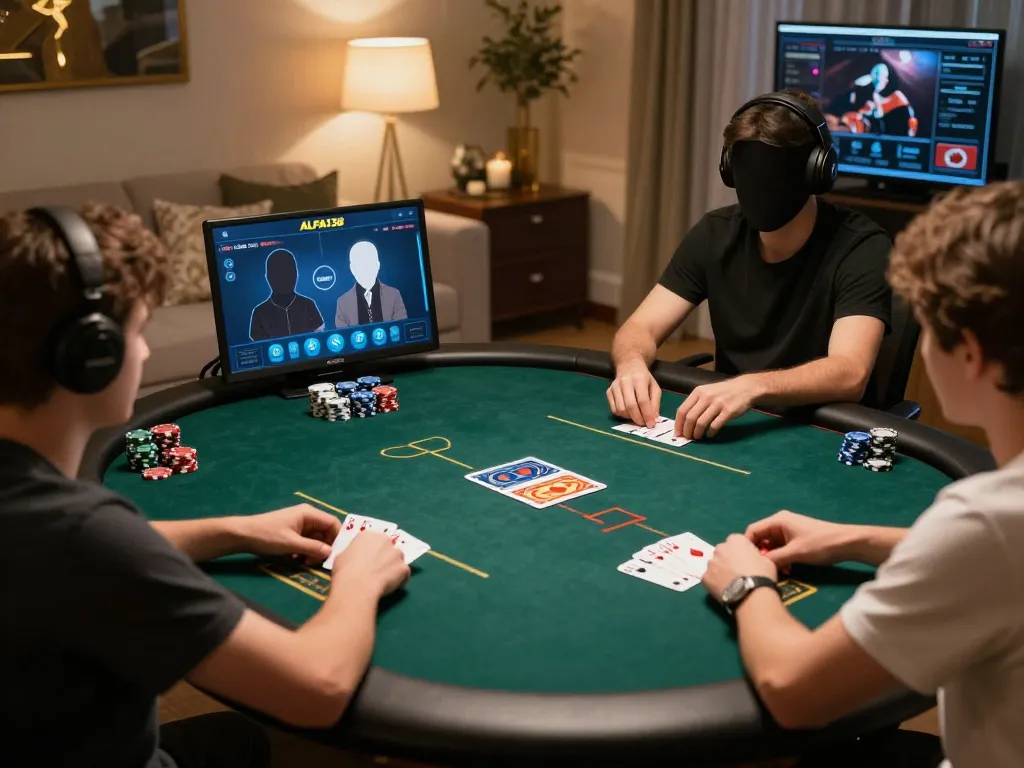 ALFA138 users competing in an engaging online poker game, showcasing strategy and excitement in a stylish digital environment.