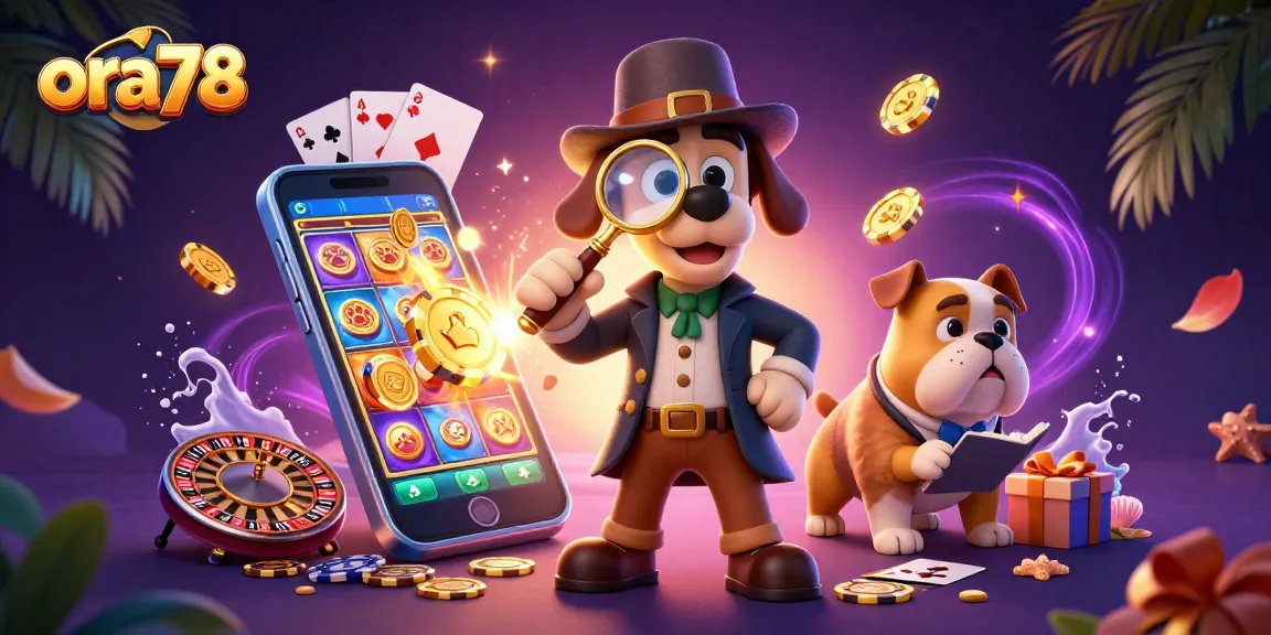 ora78 menampilkan detektif anjing 3D mencari petunjuk chip poker emas di lingkungan kasino yang penuh warna.
