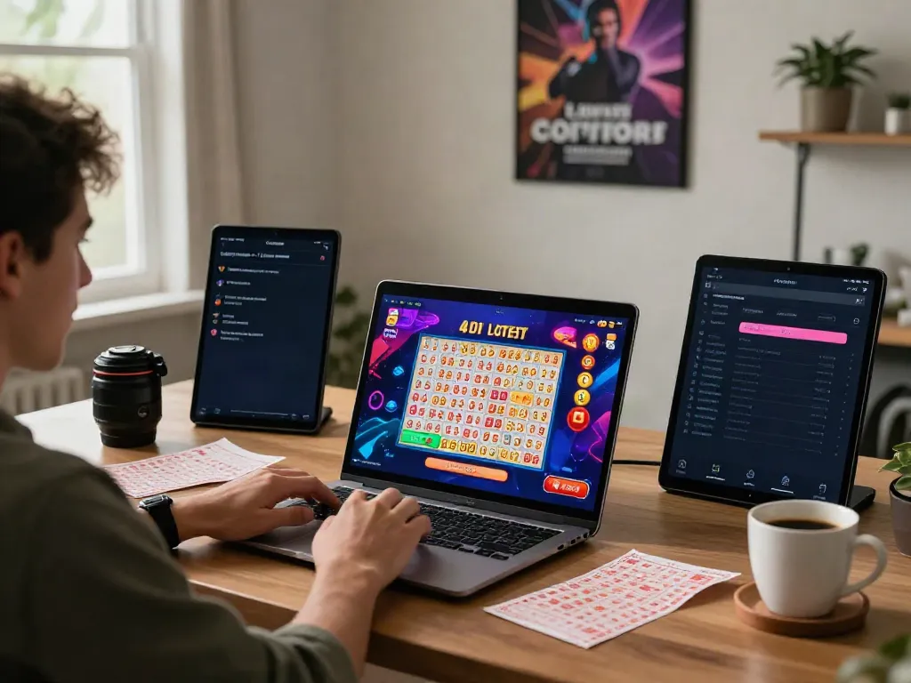 Exciting online gaming experience on ahha4d platform with lottery tickets and laptop.