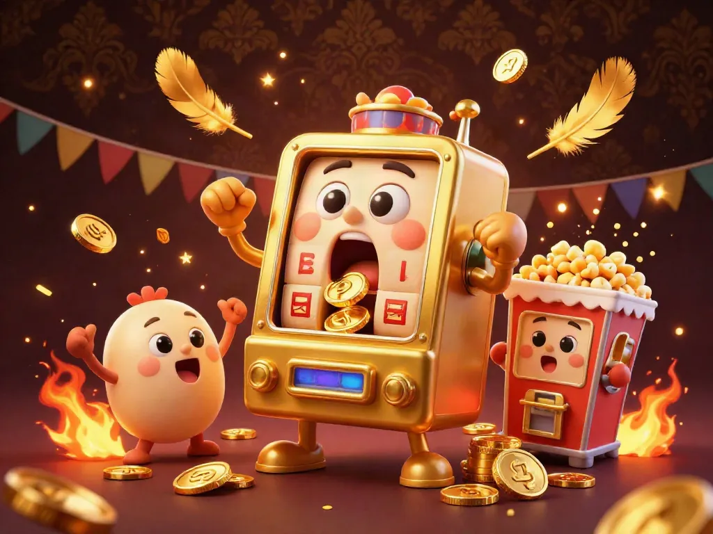 Permainan slot binjaitoto dengan mesin slot emas yang mengejutkan saat jackpot, dikelilingi koin dan kebahagiaan.