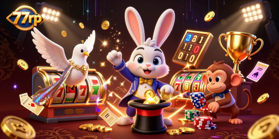 Experience thrilling wins at 77rp with playful characters collecting coins and poker chips in a vibrant casino scene.