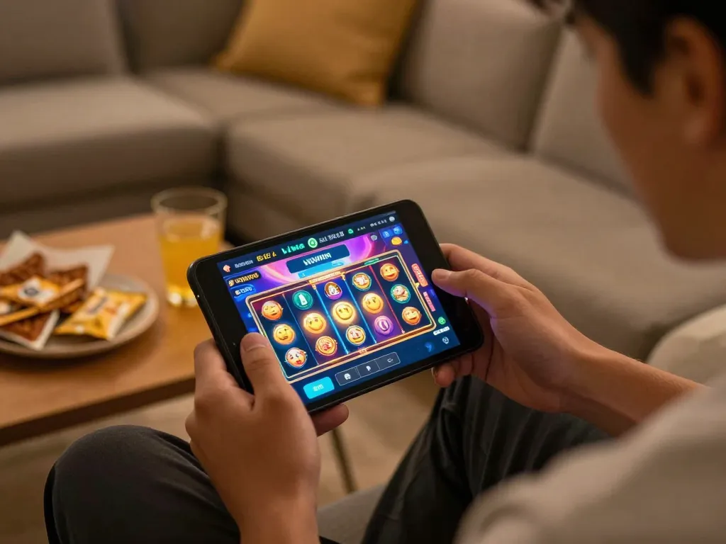 Terlibat dalam link slot gacor sambil menikmati permainan kasino online di ponsel di rumah.