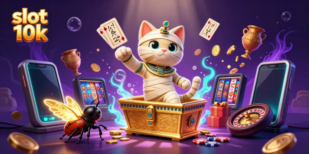 Slot 10k, permainan kasino dengan karakter kucing Mesir dan efek emas yang menarik.