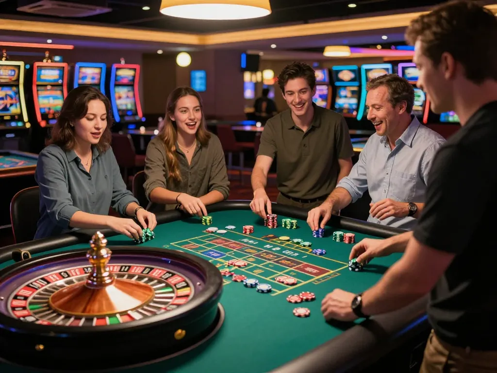 Players enjoying Situs pulsa online at an exciting roulette table experience in a vibrant casino setting