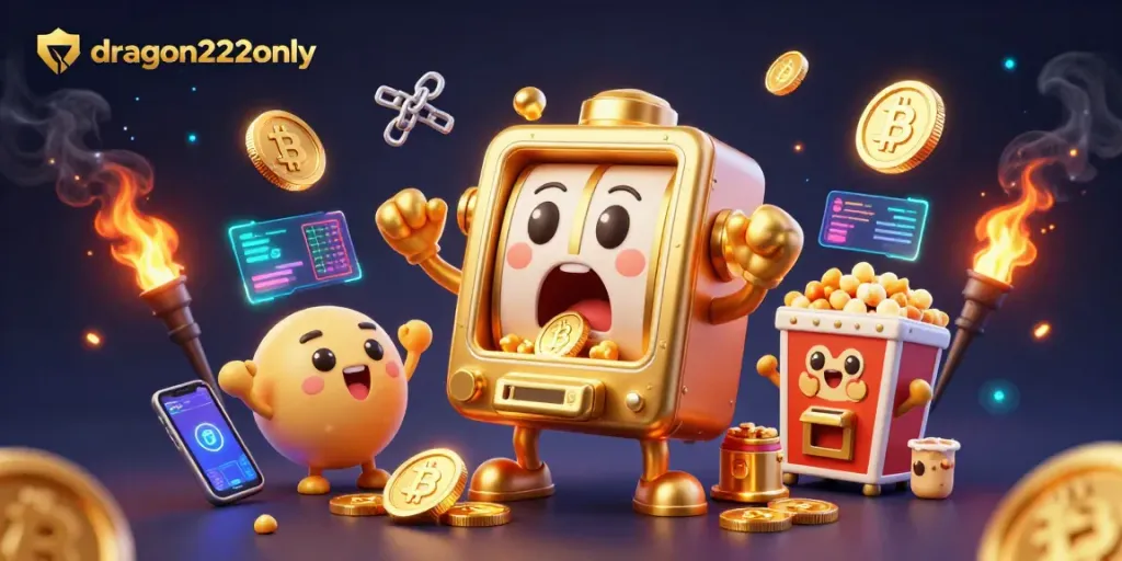 Spin with dragon222only as the golden slot machine hits jackpot, surrounded by cheers and crypto elements.