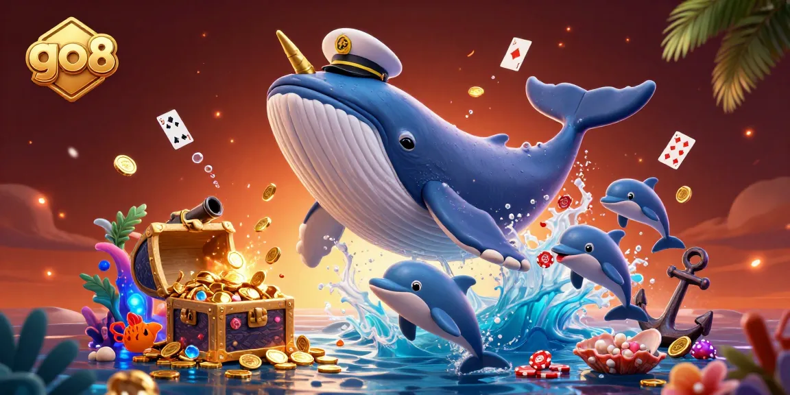 Experience thrilling gameplay at go8 with a cartoon whale, poker chips, and gold coins in an exciting underwater scene.