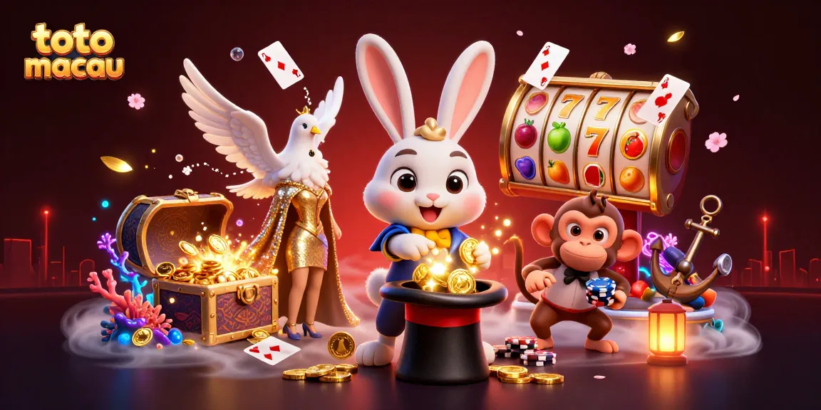 Toto macau menarik perhatian dengan ilustrasi 3D berwarna cerah dari karakter kartun, simbol perjudian, dan suasana menarik.