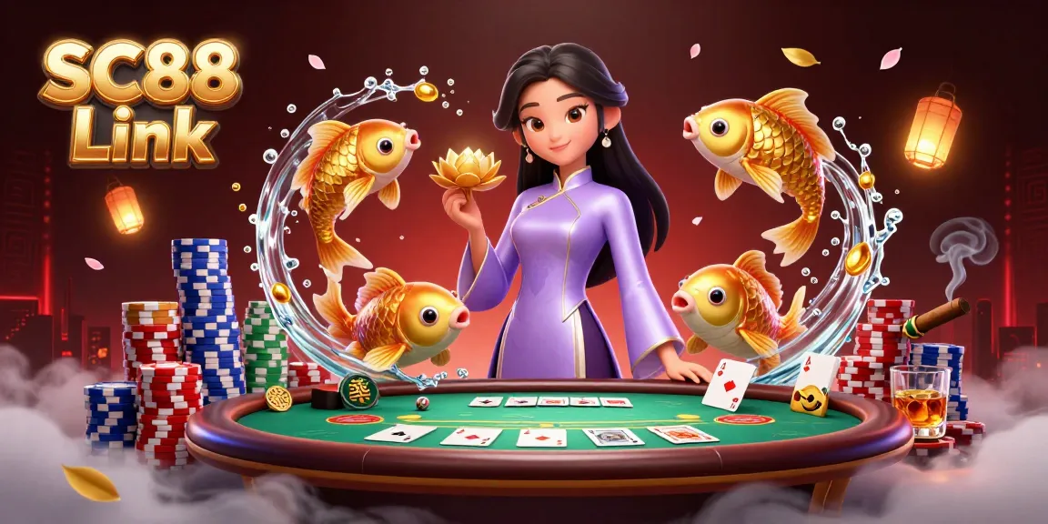 Engaging scene featuring SC88 Link characters with poker elements and vibrant casino atmosphere.