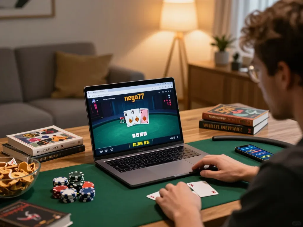 Player engaged in poker on nego77 site, showcasing chips and cards in a cozy home office setting.