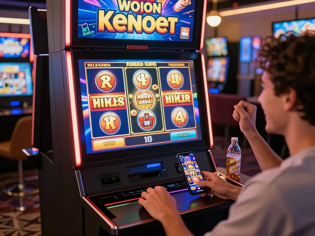 Kenzobet slot player celebrating a big win on a laptop, showcasing exciting online gaming experience.